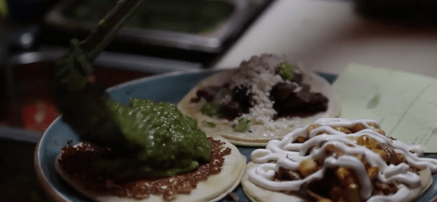 Photo of lengua taco, griddled cotija taco and rajas taco
